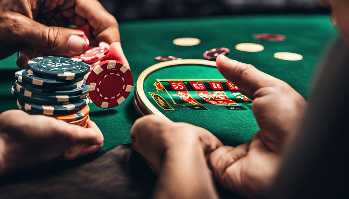 Image of a person holding casino chips, while another person looks on, representing the importance of safety and responsible gambling in online casinos.