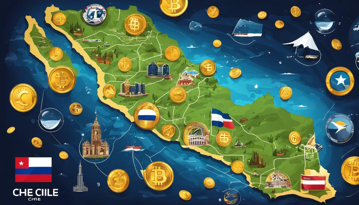Map of Chile with cryptocurrency icons representing the concept of crypto casinos in the country