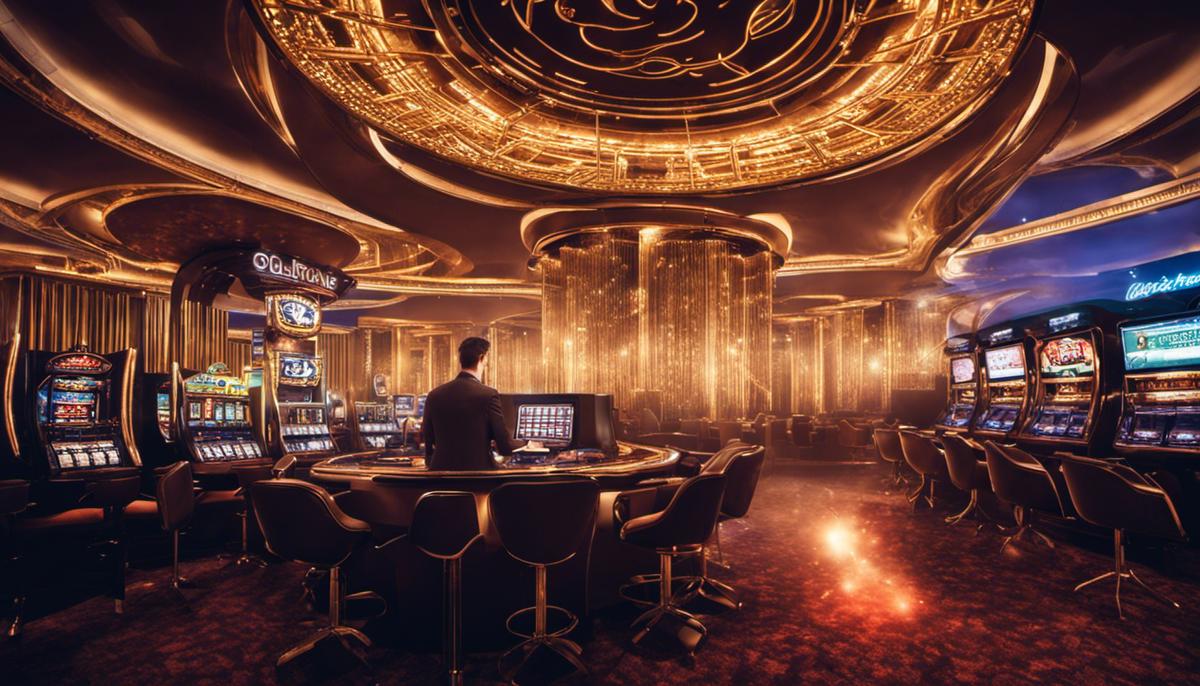 Image depicting a cryptocurrency casino with a person playing on a computer, representing the concept discussed in the text.
