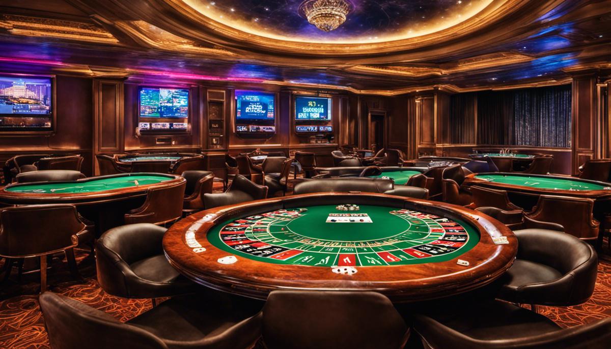 Imagen de un casino en línea con logotipo de Ethereum y fichas de criptomonedas, representando la temática del texto sobre Ethereum y los casinos en línea.