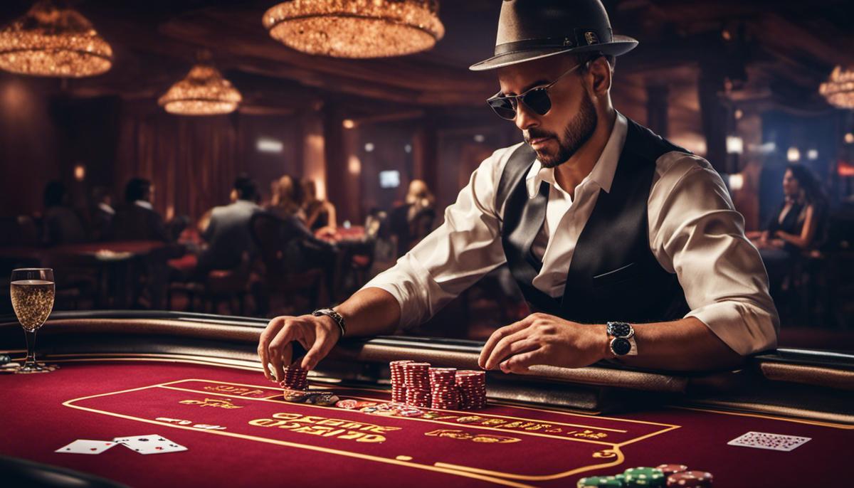 Illustration of a person playing casino games online, with strategy cards and chips on the table