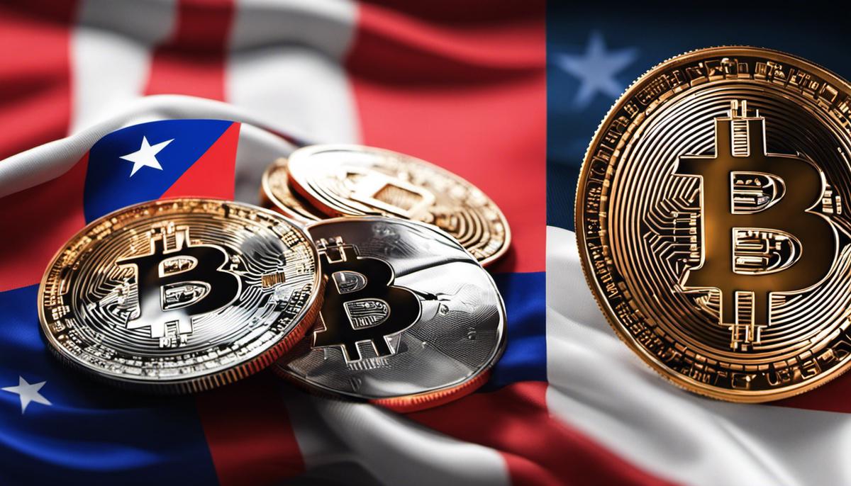 Regulación de Casinos de Criptomonedas en Chile: Un Vistazo Detallado 4 Comparación entre el logo de Bitcoin y la bandera de Chile, representando la situación de las regulaciones de casinos de criptomonedas en Chile para personas con discapacidad visual.