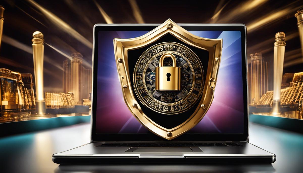 A laptop with a lock on the screen and a shield in the background, representing the importance of security protocols in online casinos.