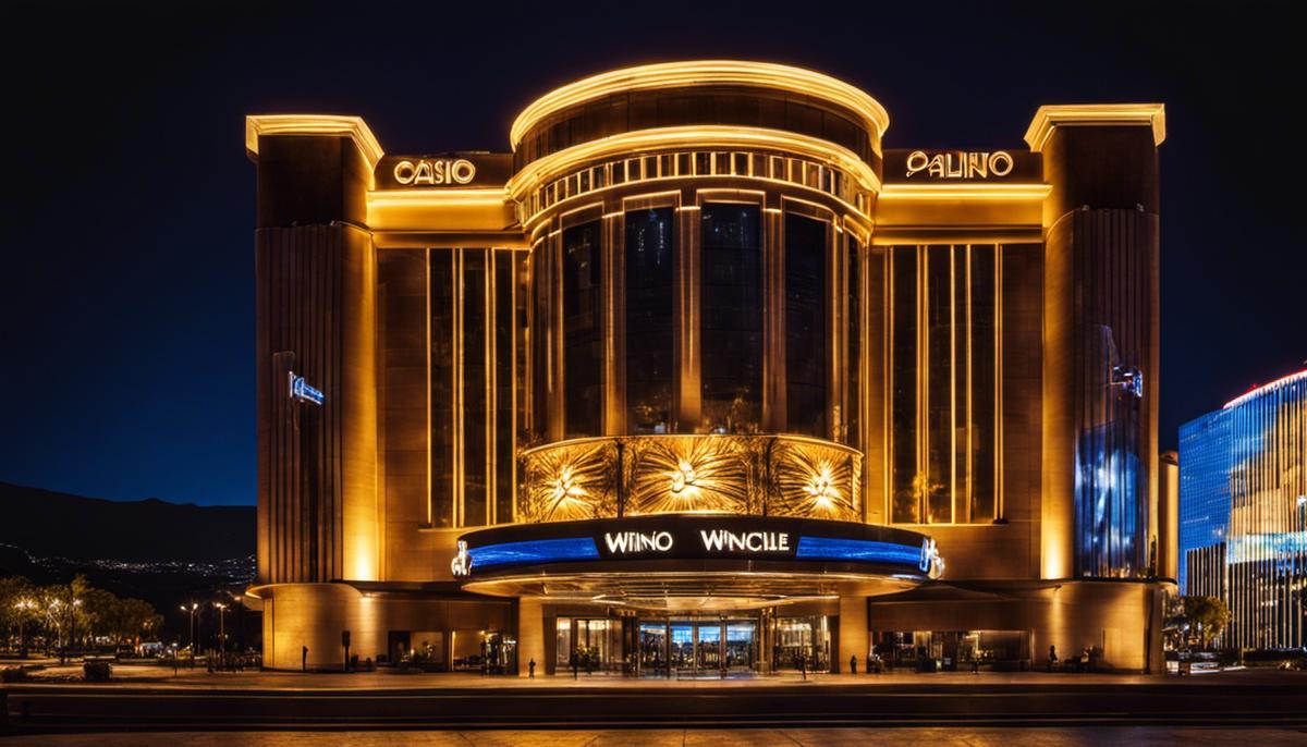 Una imagen del impresionante exterior del Casino Winchile durante la noche, con luces brillantes y la palabra Casino en grande en la fachada